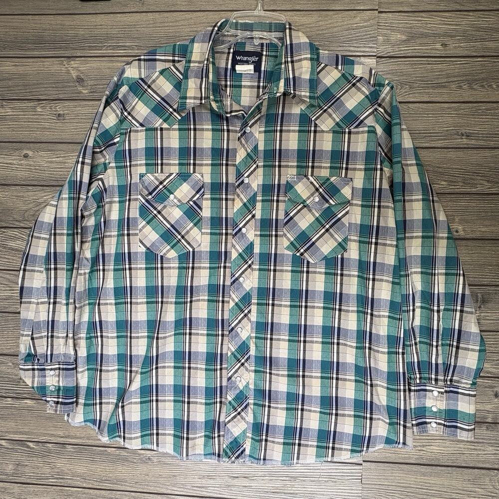 Vintage 80s Men's XLarge Wrangler Long Sleeve Button Shirt Teal Plaid Pearl Snap